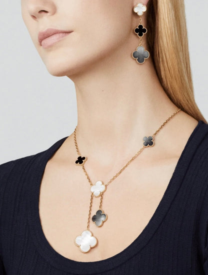 [Vicky]CLOVER 3 MOTIF MOP ONYX DARK MOP PINK GOLD EARRINGS