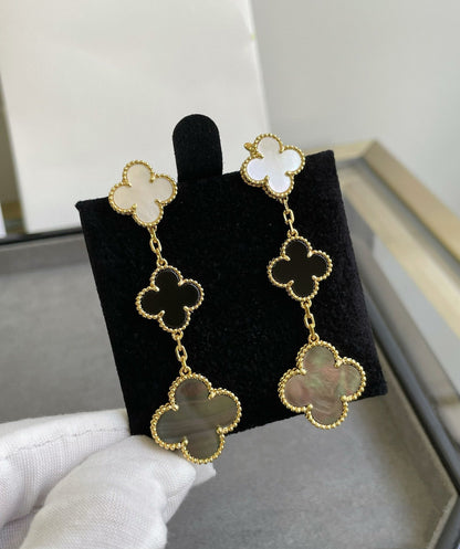 [Vicky]CLOVER 3 MOTIF MOP ONYX DARK MOP PINK GOLD EARRINGS