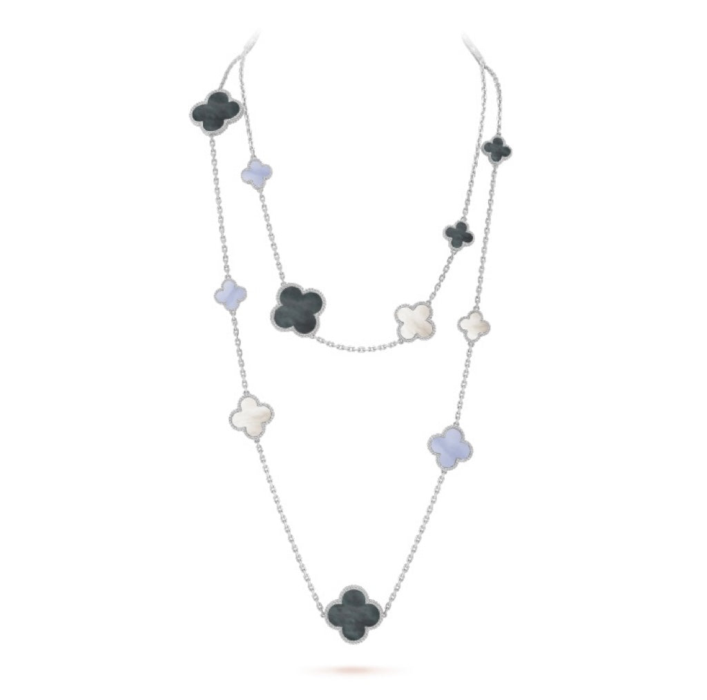 [Vicky]CLOVER 16 MOTIF CHALCEDONY MOP SILVER NECKLACE