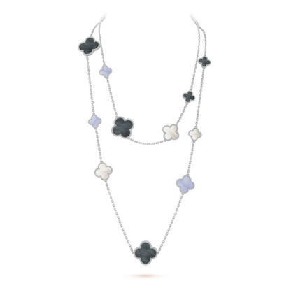 [Vicky]CLOVER 16 MOTIF CHALCEDONY MOP SILVER NECKLACE