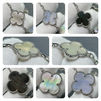 [Vicky]CLOVER 16 MOTIF CHALCEDONY MOP SILVER NECKLACE