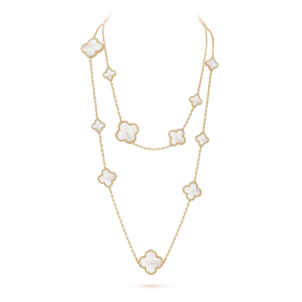 [Vicky]CLOVER 16 MOTIF WHITE MOP GOLD NECKLACE