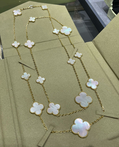 [Vicky]CLOVER 16 MOTIF WHITE MOP GOLD NECKLACE