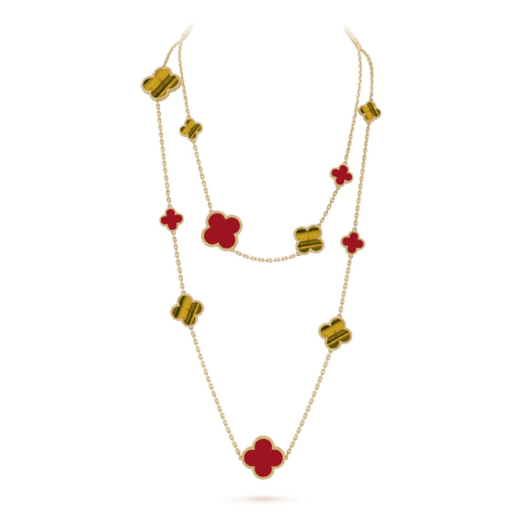 [Vicky]CLOVER 16 MOTIF CARNELIAN TIGER EYE ROSE GOLD NECKLACE