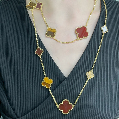 [Vicky]CLOVER 16 MOTIF CARNELIAN TIGER EYE ROSE GOLD NECKLACE