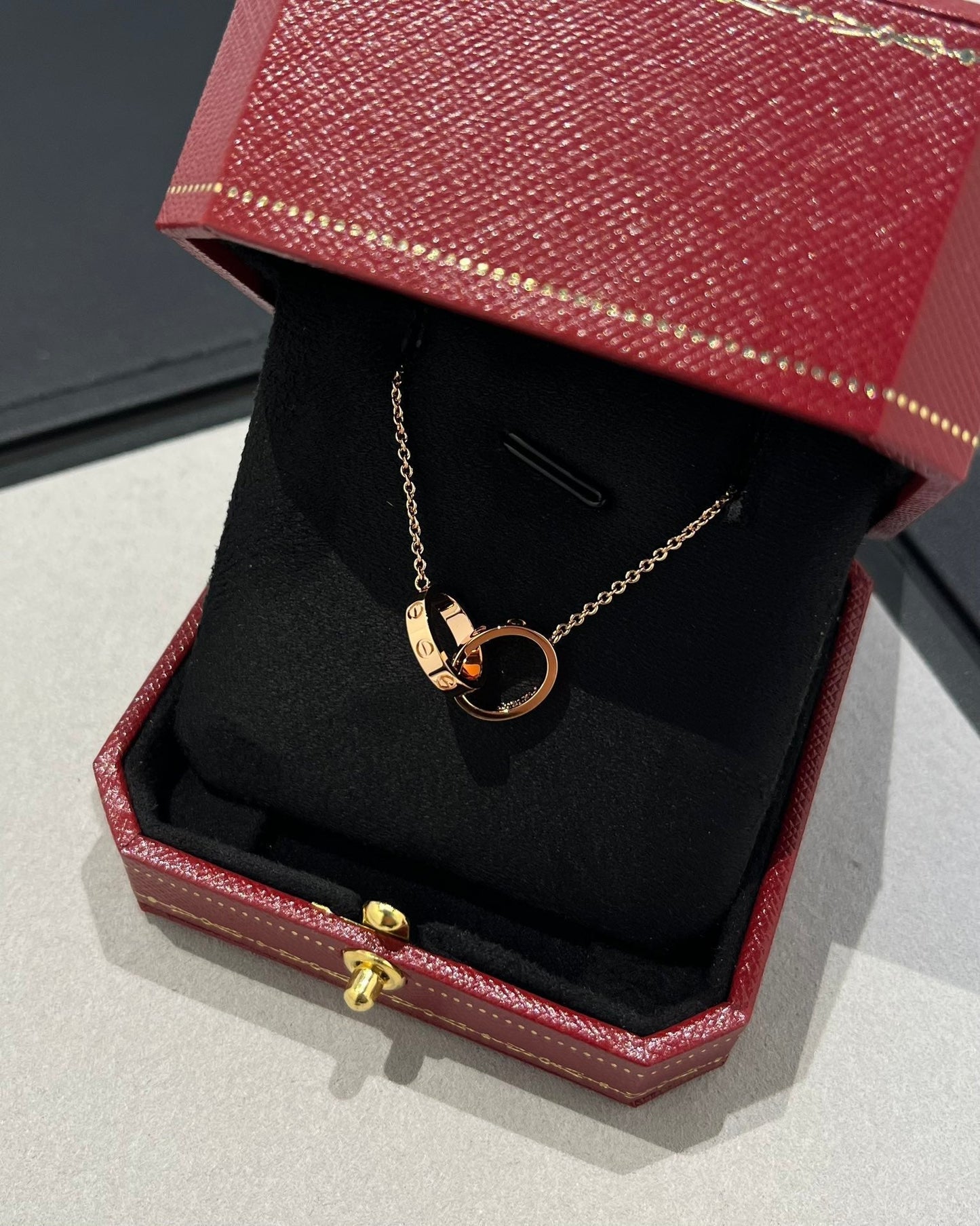 [Vicky]LOVE NECKLACE DOUBLE RING PINK GOLD