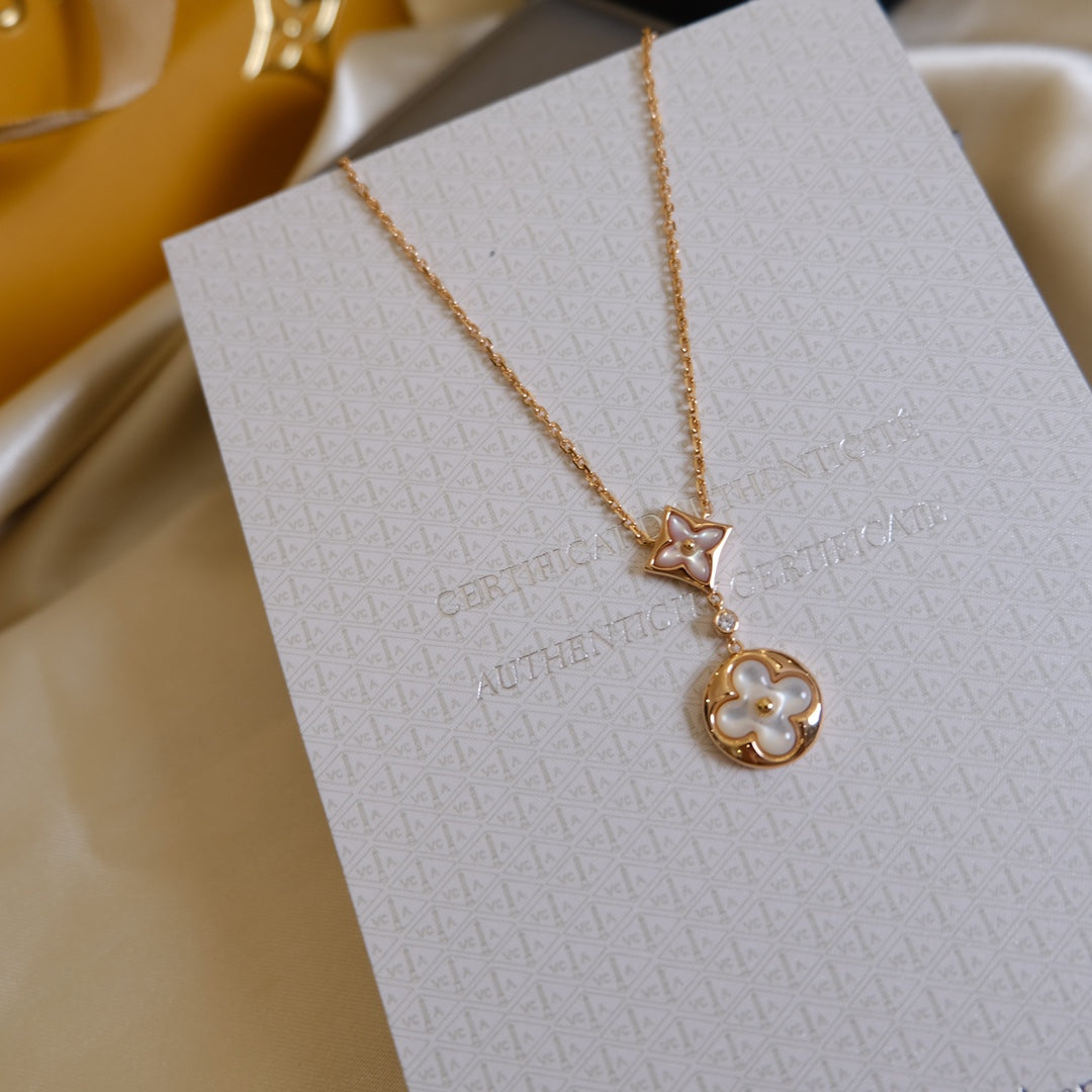 [Vicky]STAR AND SUN WHITE MOP 2 MOTIF PINK GOLD NECKLACE