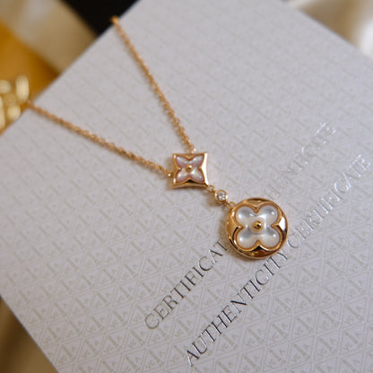 [Vicky]STAR AND SUN WHITE MOP 2 MOTIF PINK GOLD NECKLACE