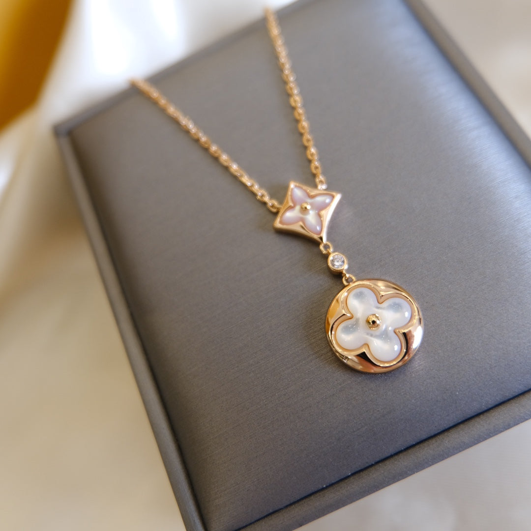 [Vicky]STAR AND SUN WHITE MOP 2 MOTIF PINK GOLD NECKLACE