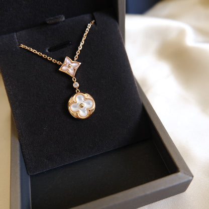 [Vicky]STAR AND SUN WHITE MOP 2 MOTIF PINK GOLD NECKLACE