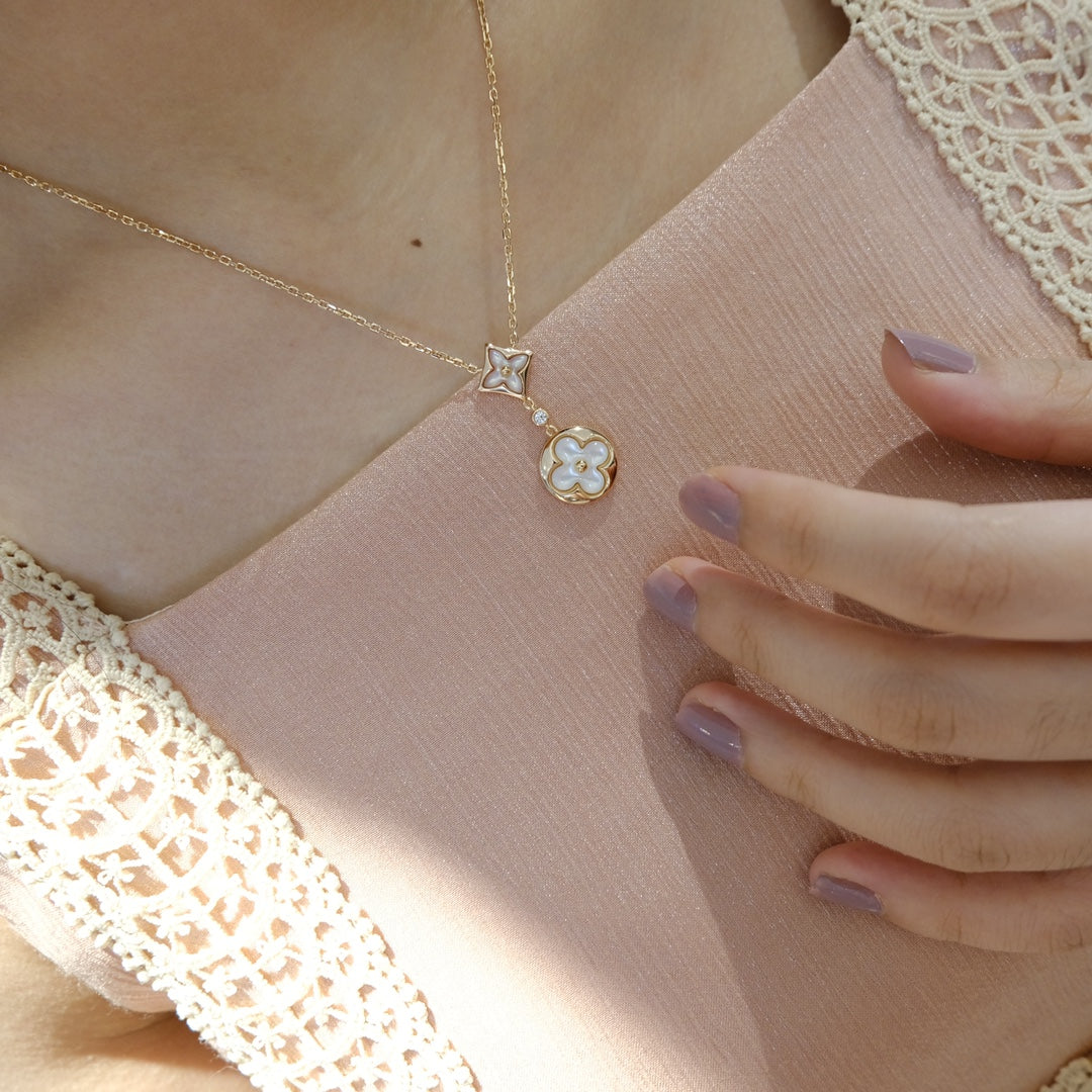 [Vicky]STAR AND SUN WHITE MOP 2 MOTIF PINK GOLD NECKLACE