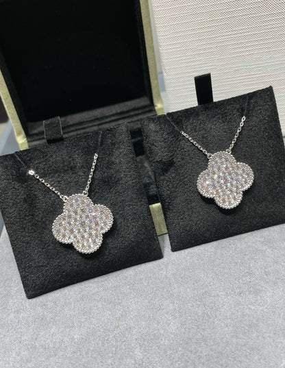 [Vicky]CLOVER 25MM LARGE PENDANT DIAMOND PAVED SILVER NECKLACE