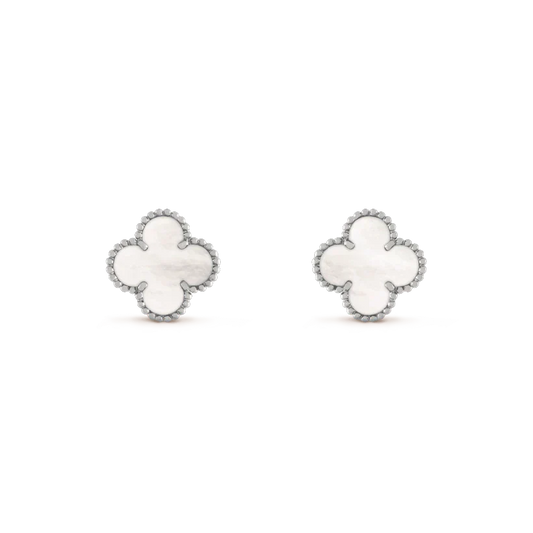 [Vicky]CLOVER MEDIUM 1 MOTIFS  WHITE MOP EARRINGS SILVER