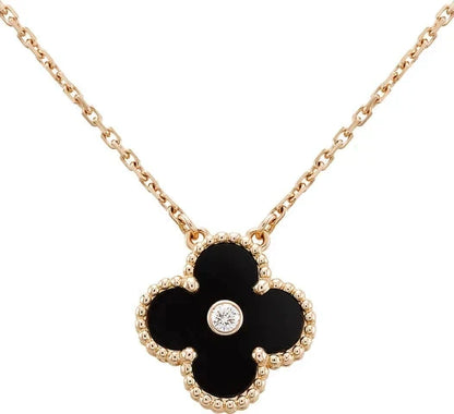 [Vicky]CLOVER 15MM DIAMOND ONYX NECKLACE
