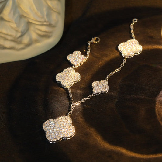 [Vicky]CLOVER BRACELET 5 MOTIF SILVER DIAMOND PAVED