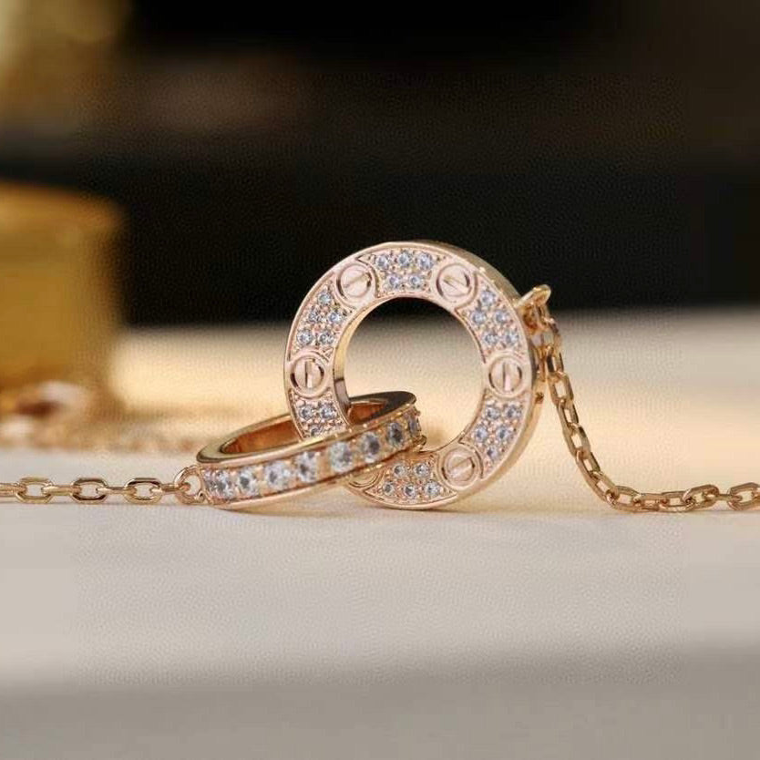 [Vicky]LOVE 7.6MM NECKLACE ROSE GOLD AND SILVER  FULL DIAMOND