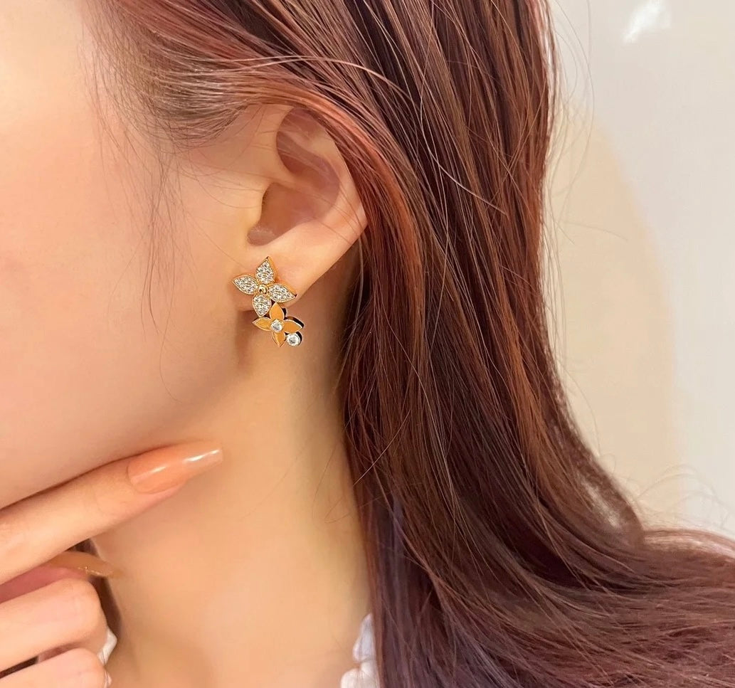 [Vicky High Jewelry]TWO STAR BLOSSOM STUD EARRINGS PINK GOLD DIAMONDS