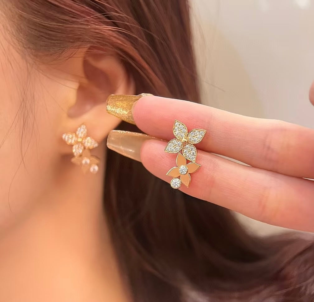 [Vicky High Jewelry]TWO STAR BLOSSOM STUD EARRINGS PINK GOLD DIAMONDS