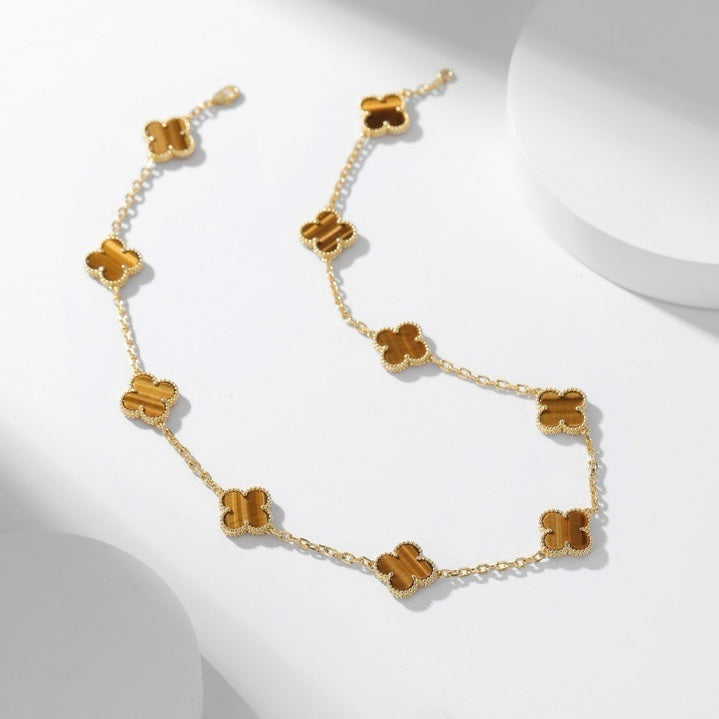 [Vicky]CLOVER 10 MOTIFS TIGER EYE NECKLACE