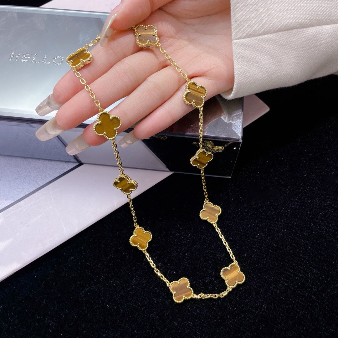 [Vicky]CLOVER 10 MOTIFS TIGER EYE NECKLACE