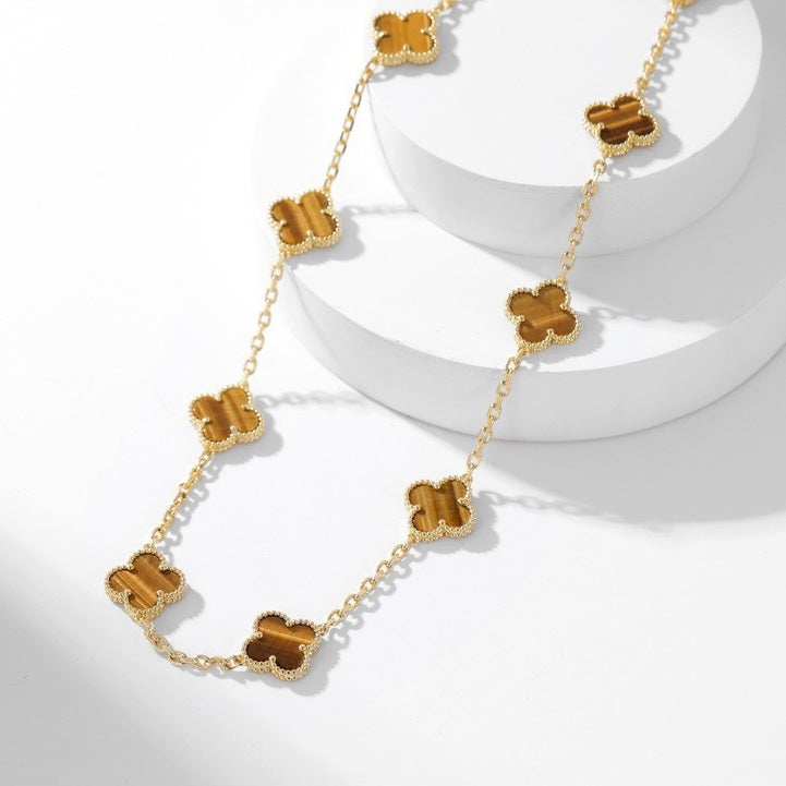 [Vicky]CLOVER 10 MOTIFS TIGER EYE NECKLACE