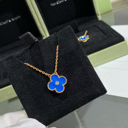 [Vicky]CLOVER 15MM DIAMOND AND BLUE AGATE NECKLACE