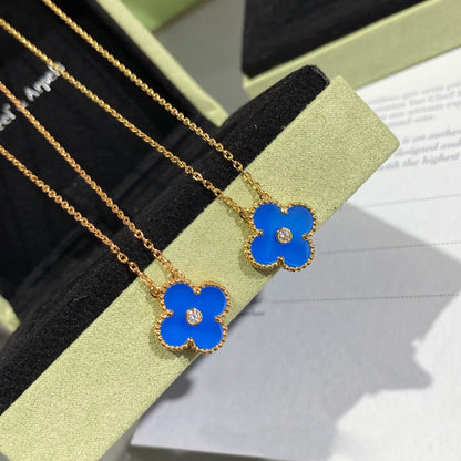 [Vicky]CLOVER 15MM DIAMOND AND BLUE AGATE NECKLACE
