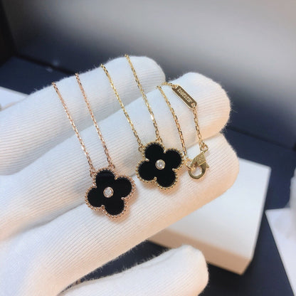 [Vicky]CLOVER 15MM DIAMOND ONYX NECKLACE