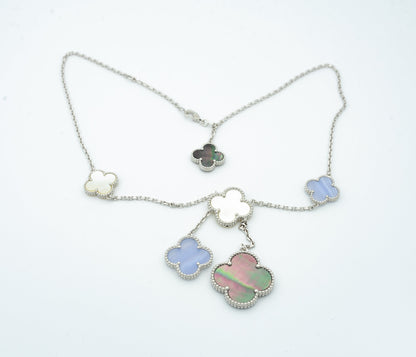 [Vicky]CLOVER MOP CHALCEDONY NECKLACE SILVER 6 MOTIF