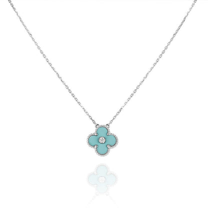 [Vicky]CLOVER 1 DIAMOND LIGHT BLUE SILVER NECKLACE