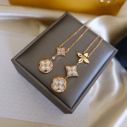 [Vicky]COLOR BLOSSOM LARIAT NECKLACE PINK GOLD WHITE MOTHER PEARL AND DIAMOND