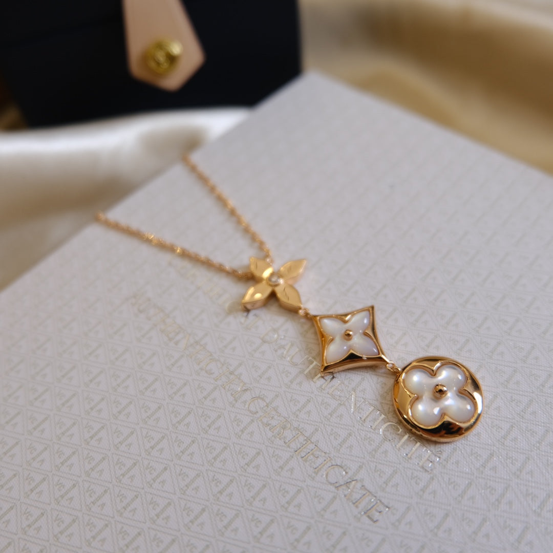 [Vicky]COLOR BLOSSOM LARIAT NECKLACE PINK GOLD WHITE MOTHER PEARL AND DIAMOND