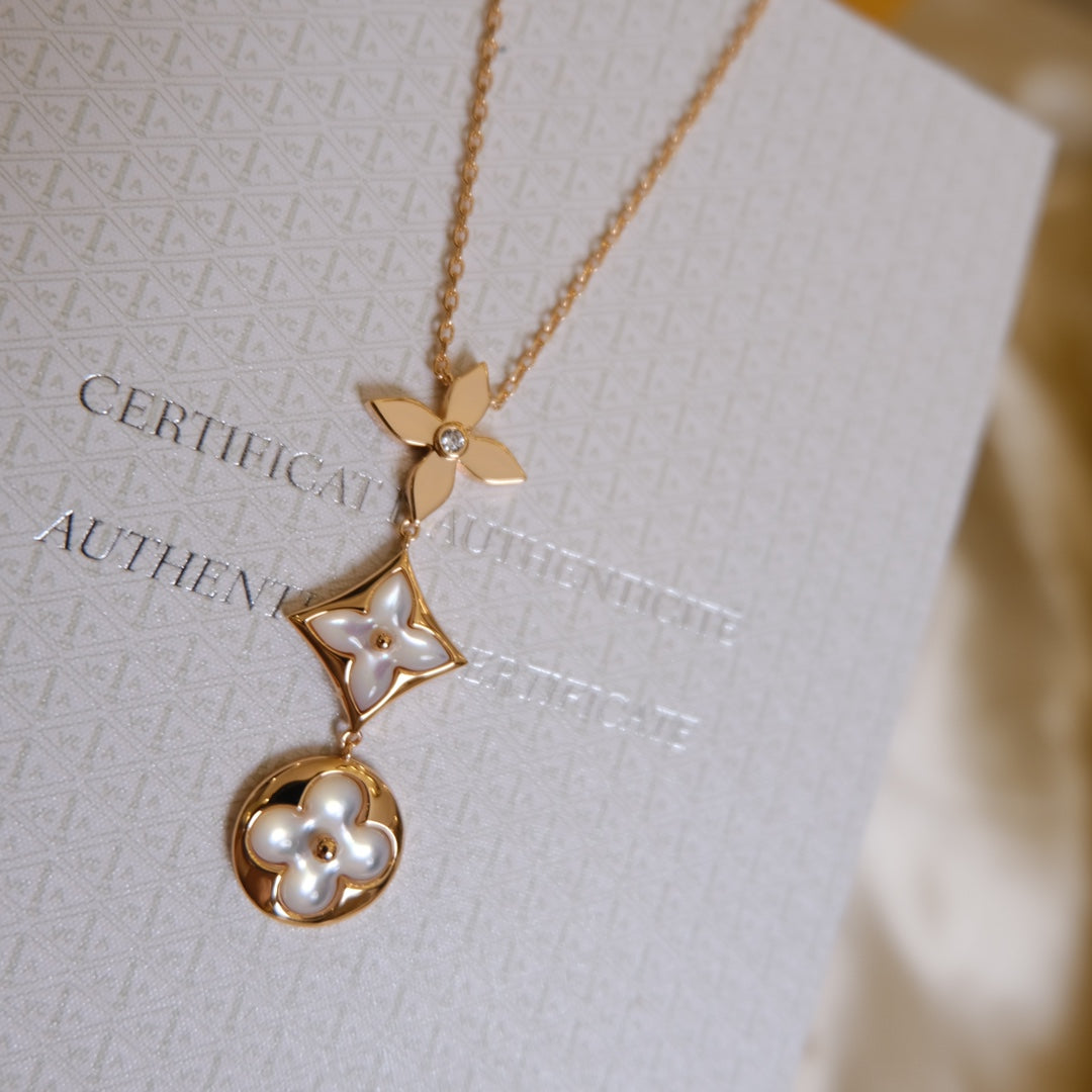[Vicky]COLOR BLOSSOM LARIAT NECKLACE PINK GOLD WHITE MOTHER PEARL AND DIAMOND