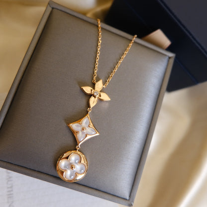 [Vicky]COLOR BLOSSOM LARIAT NECKLACE PINK GOLD WHITE MOTHER PEARL AND DIAMOND