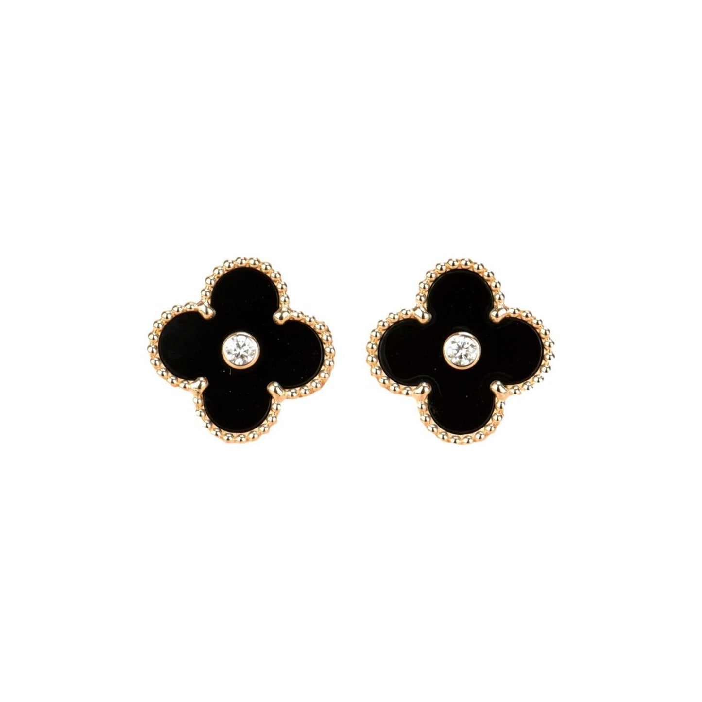 [Vicky]CLOVER MEDIUM 1 MOTIFS ONYX DIAMOND EARRINGS