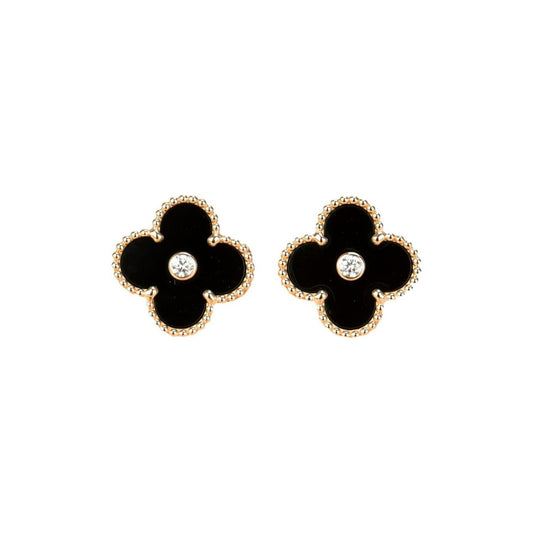 [Vicky]CLOVER MEDIUM 1 MOTIFS ONYX DIAMOND EARRINGS