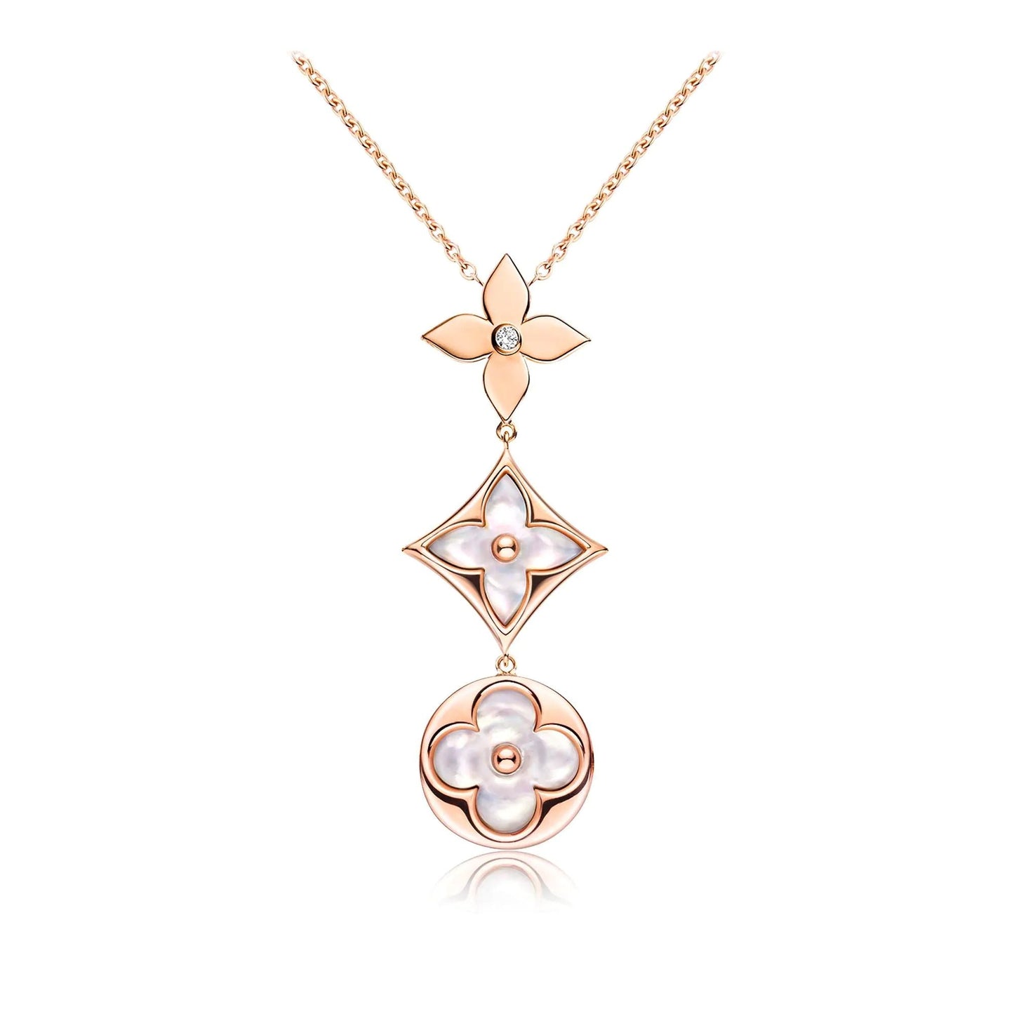 [Vicky]COLOR BLOSSOM LARIAT NECKLACE PINK GOLD WHITE MOTHER PEARL AND DIAMOND
