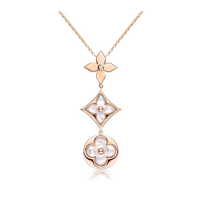 [Vicky]COLOR BLOSSOM LARIAT NECKLACE PINK GOLD WHITE MOTHER PEARL AND DIAMOND