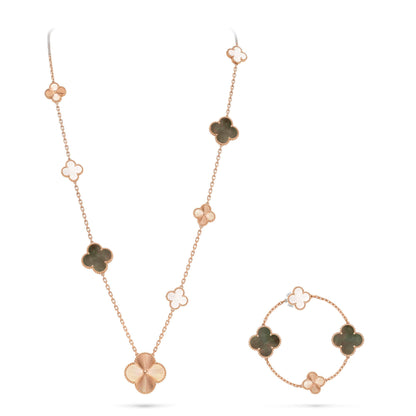 [Vicky]DETACHABLE CLOVER 15(11+4) FLOWER ROSE GOLD NECKLACE SET
