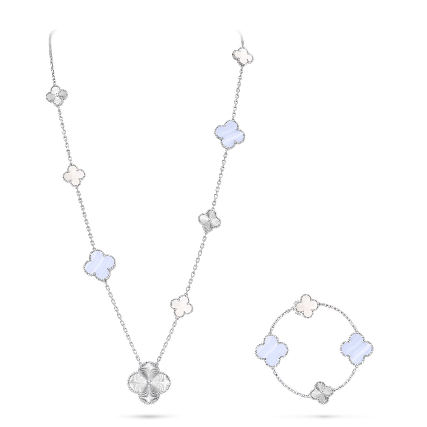 [Vicky]DETACHABLE CLOVER 15(11+4) FLOWER SILVER NECKLACE SET