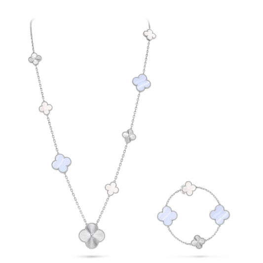[Vicky]DETACHABLE CLOVER 15(11+4) FLOWER SILVER NECKLACE SET