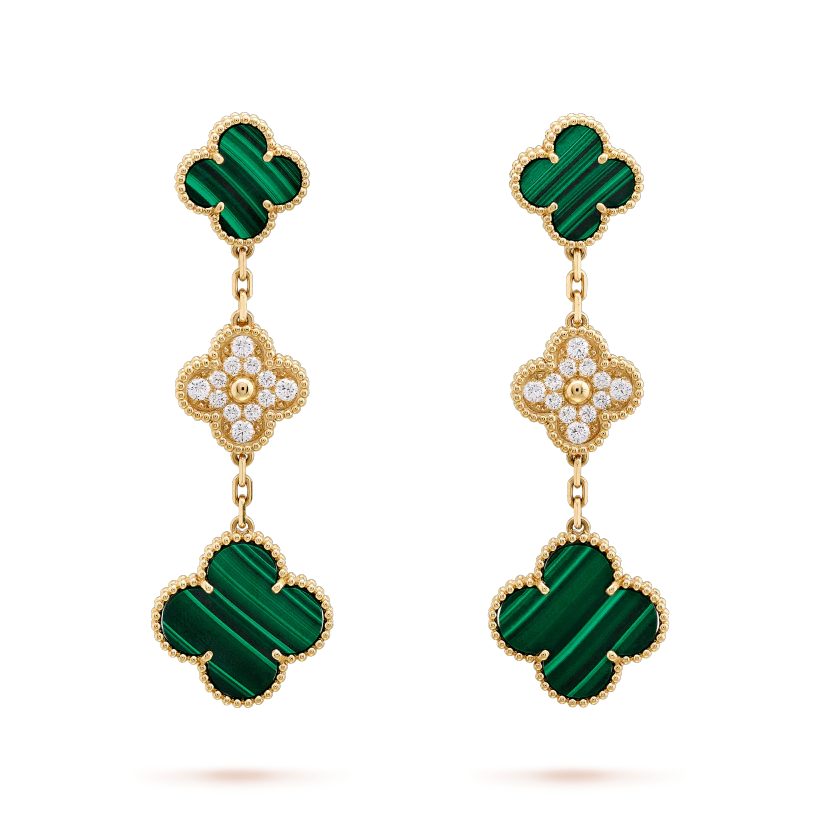 [Vicky]CLOVER EARRINGS GOLD MALACHITE DIAMOND 3 MOTIF