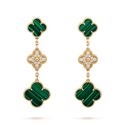 [Vicky]CLOVER EARRINGS GOLD MALACHITE DIAMOND 3 MOTIF