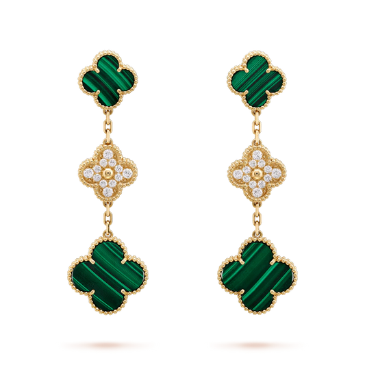 [Vicky]CLOVER EARRINGS GOLD MALACHITE DIAMOND 3 MOTIF