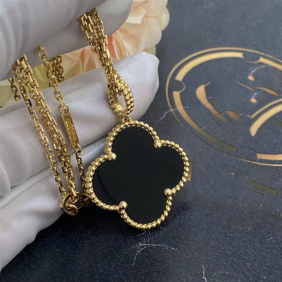 [Vicky]CLOVER 25MM GOLD ONYX BIG CLOVER NECKLACE