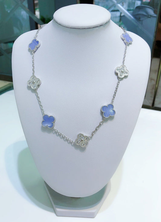 [Vicky]CLOVER 10 MOTIFS CHALCEDONY DIAMONDS SILVER NECKLACE