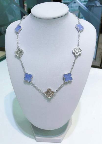 [Vicky]CLOVER 10 MOTIFS CHALCEDONY DIAMONDS SILVER NECKLACE