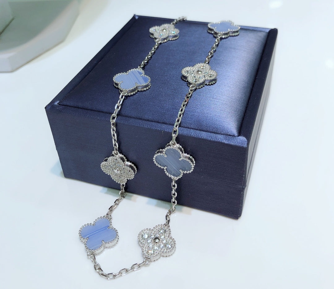 [Vicky]CLOVER 10 MOTIFS CHALCEDONY DIAMONDS SILVER NECKLACE