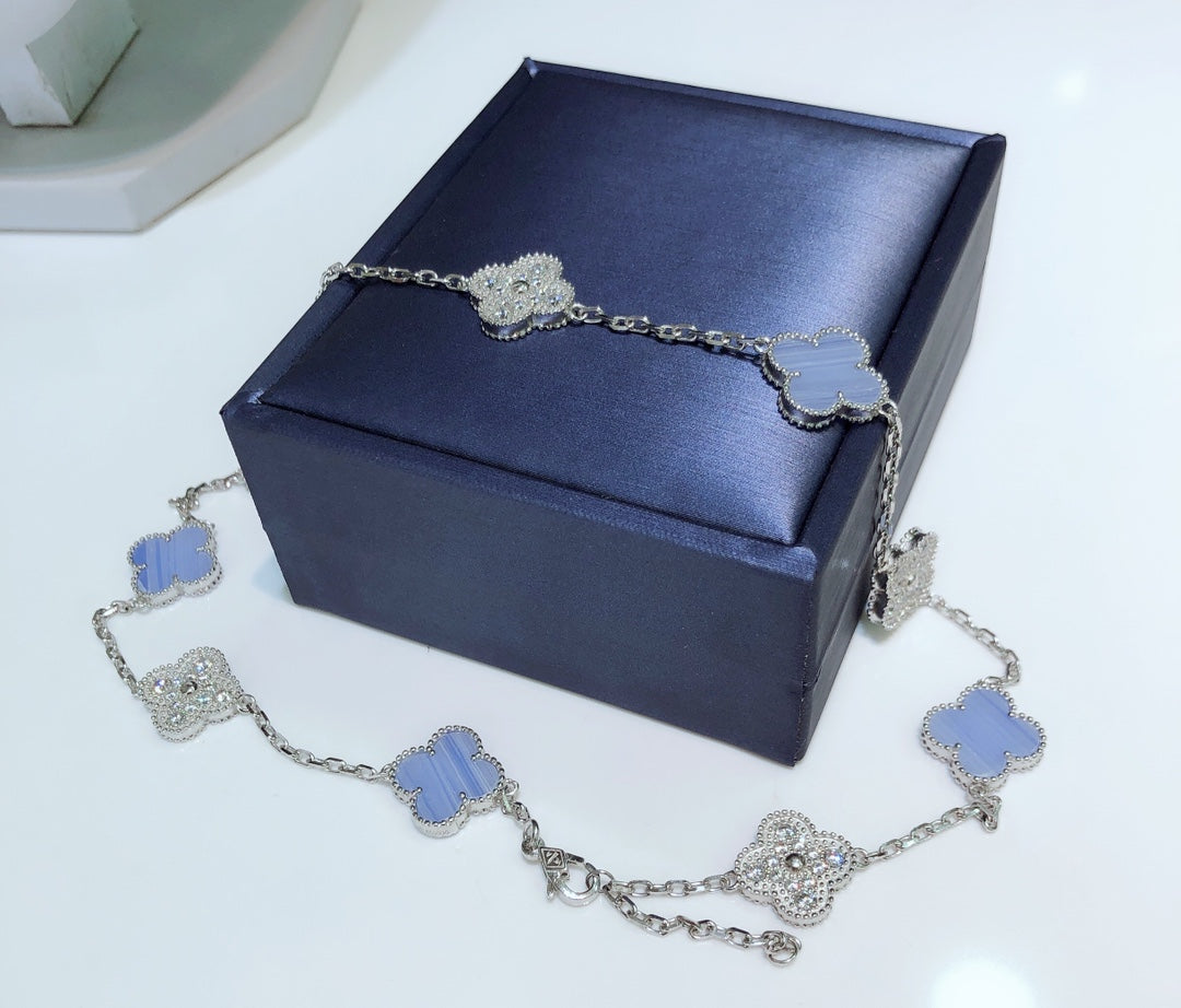 [Vicky]CLOVER 10 MOTIFS CHALCEDONY DIAMONDS SILVER NECKLACE