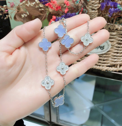 [Vicky]CLOVER 10 MOTIFS CHALCEDONY DIAMONDS SILVER NECKLACE